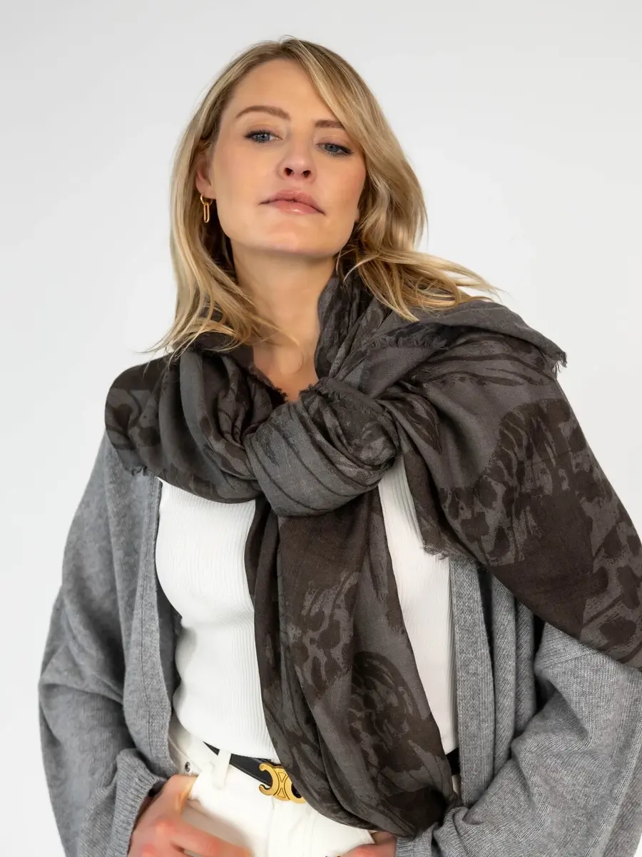 Scarf 100% Cashmere Butterfly Neutral Grey - Solid Black