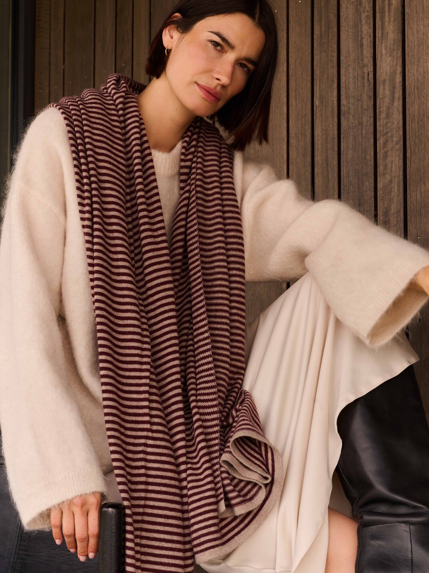Sjaal Cosy Chic Stripes Dark Burgundy - Soft Taupe