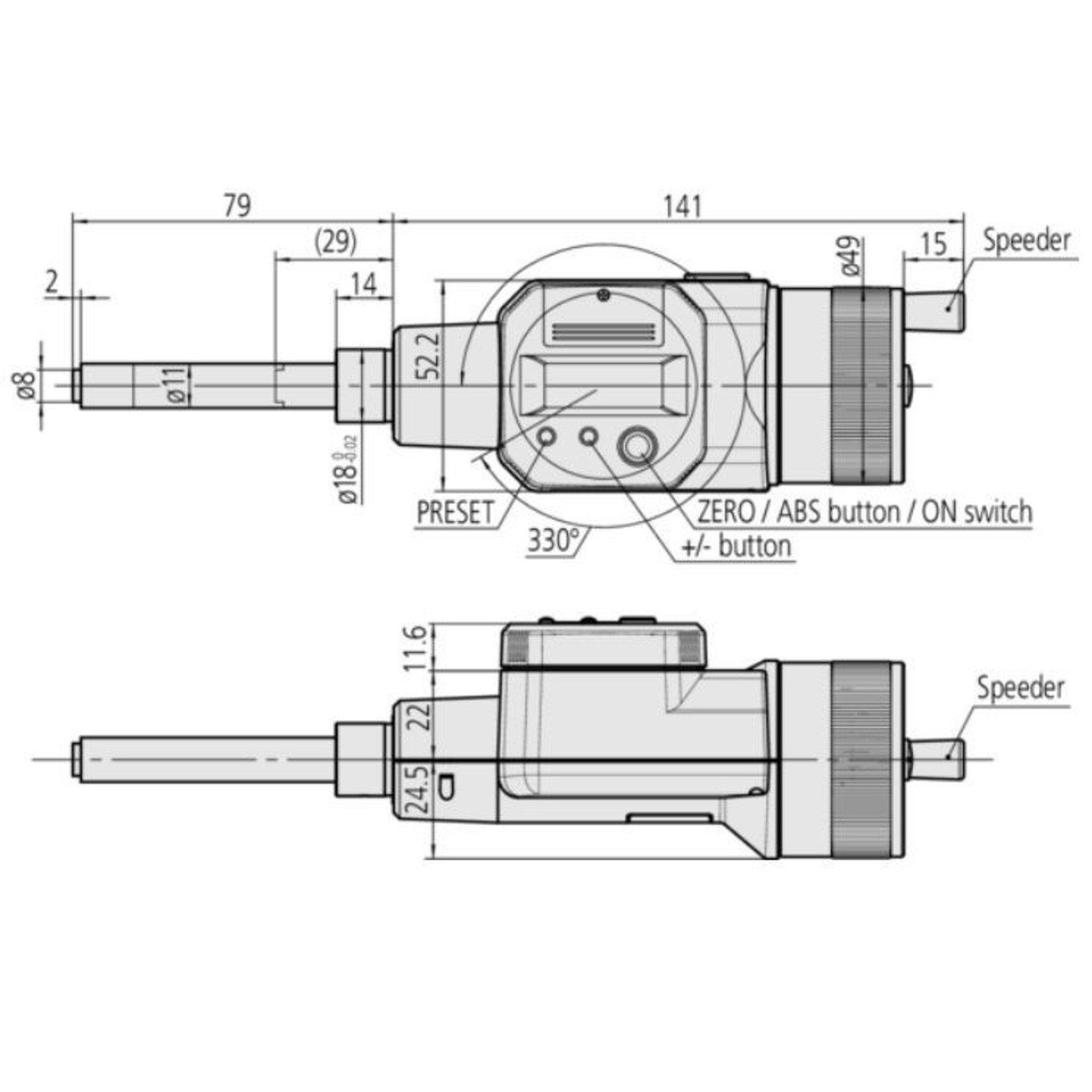 Digital micrometer head with 50 mm measuring length