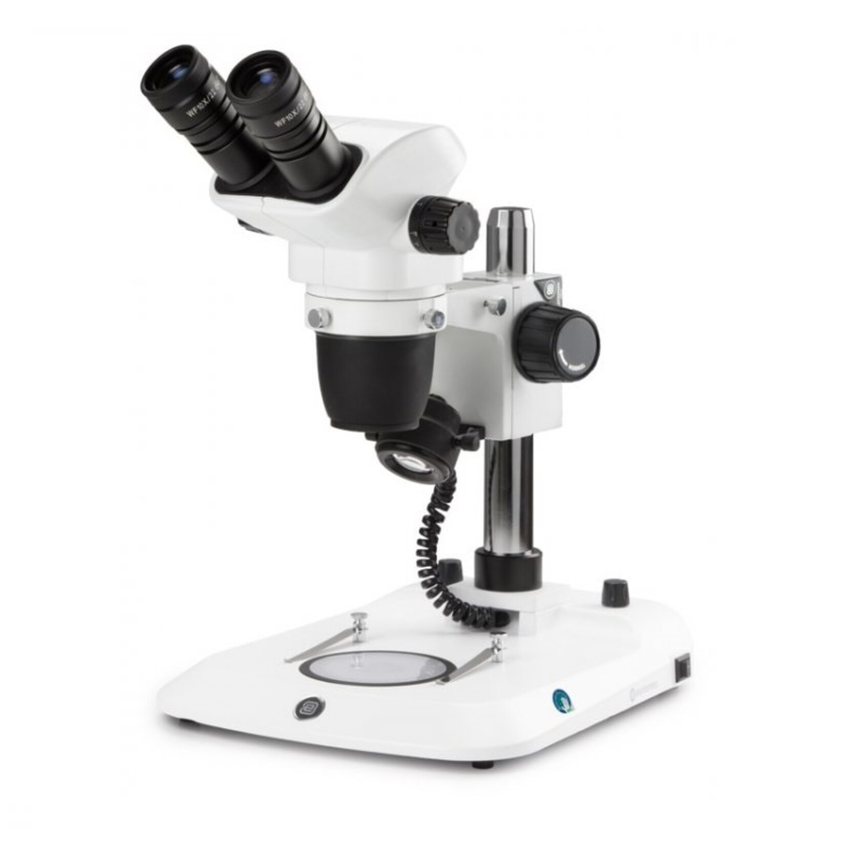 Dwuokularowy mikroskop stereoskopowy NexiusZoom, obiektyw od 0,67x do 4,5x, powiększenie od 6,7x do 45x ze statywem kolumnowym