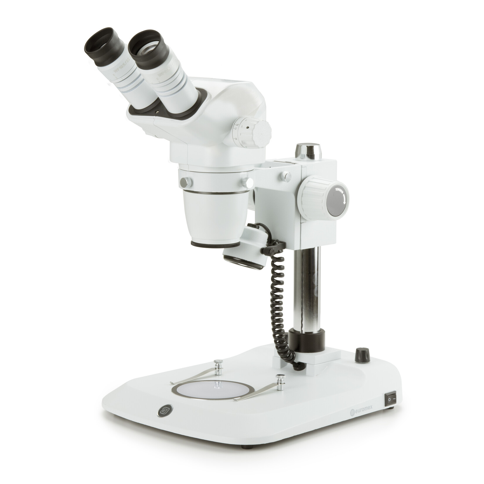 Microscópio estéreo binocular com zoom NexiusZoom, objetiva com zoom de 0,67x a 4,5x, ampliação de 6,7x a 45x com suporte de coluna