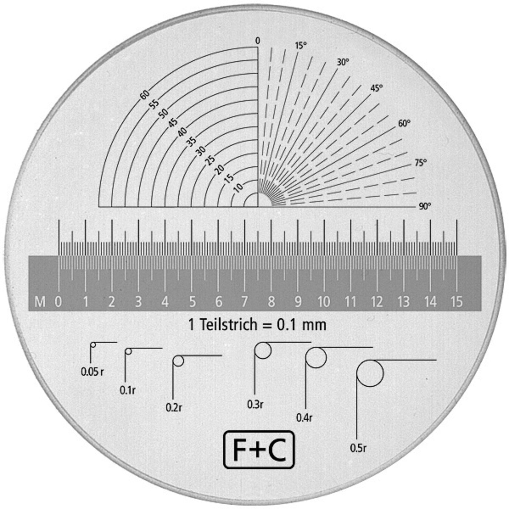Echelle de rechange pour loupe de mesure F & C avec graduation 0,1 mm, angles et rayons
