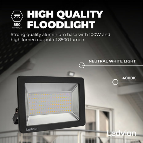 Ledvion LED Breedstraler 100W – 8500 Lumen – 4000K - Quick Connector - 5 Jaar garantie Ledvion LED Breedstraler 100W – 8500 Lumen – 4000K - Quick Connector - 5 Jaar garantie