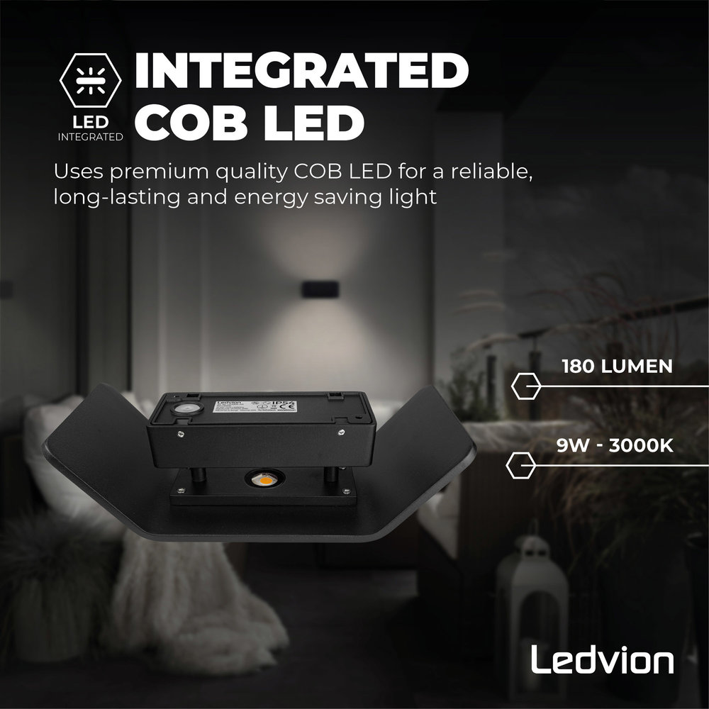 Ledvion LED Wandlamp Buiten Ash Zwart - 3000K - 9W - IP54 Ledvion LED Wandlamp Buiten Ash Zwart - 3000K - 9W - IP54