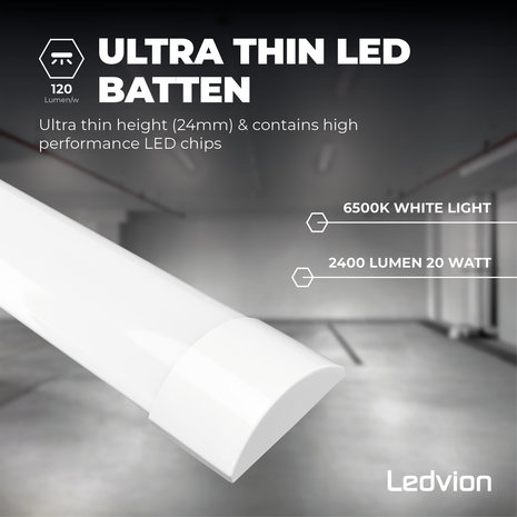 Ledvion LED Batten 60 cm - 20W -  2400 Lumen - 6500K
