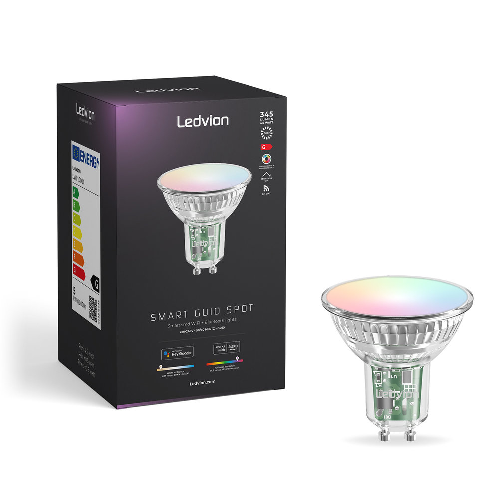 Ledvion Smart RGB+CCT GU10 LED Spot Dimbaar - Wifi - 5W Ledvion Smart RGB+CCT GU10 LED Spot Dimbaar - Wifi - 5W
