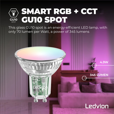Ledvion Smart RGB+CCT GU10 LED Spot Dimbaar - Wifi - 5W Ledvion Smart RGB+CCT GU10 LED Spot Dimbaar - Wifi - 5W