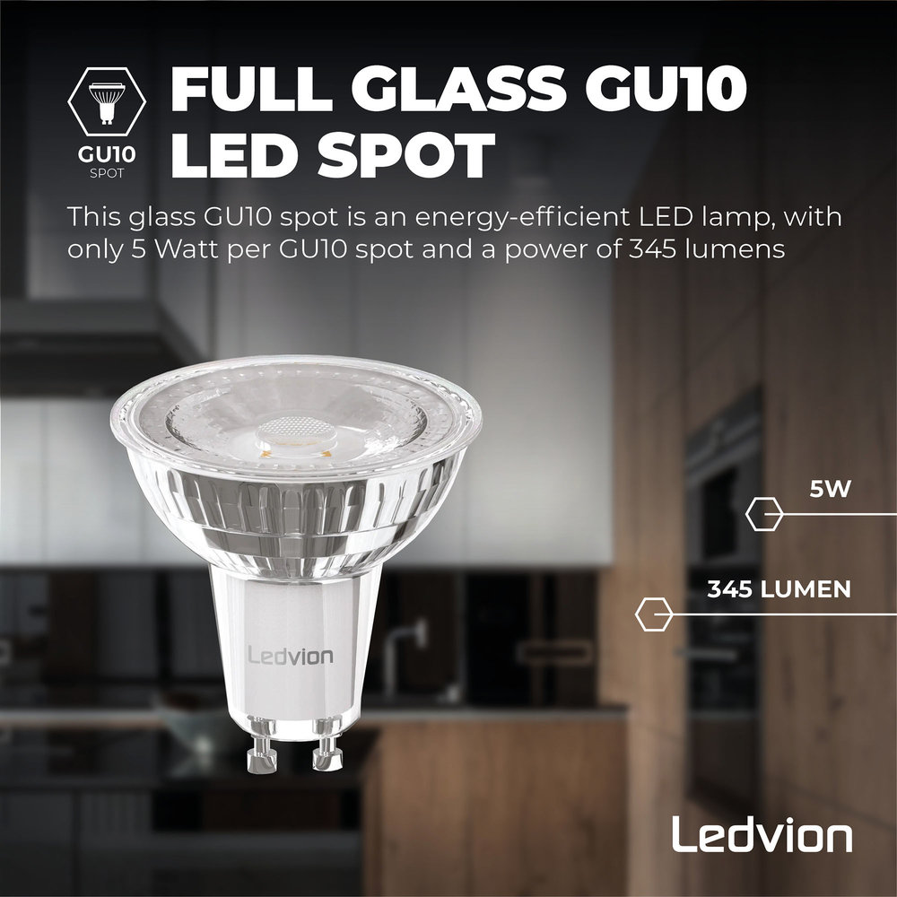 Ledvion 10x Dimbare GU10 LED Spots - 5W - 4000K - 345 Lumen - Full Glass - Voordeelpak Ledvion 10x Dimbare GU10 LED Spots - 5W - 4000K - 345 Lumen - Full Glass - Voordeelpak
