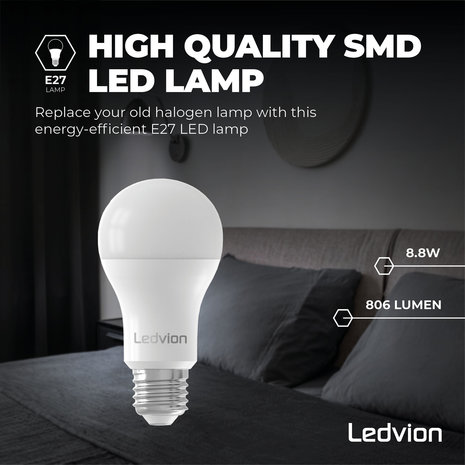 Ledvion Dimbare E27 LED Lamp - 8.8W - 6500K - 806 Lumen 