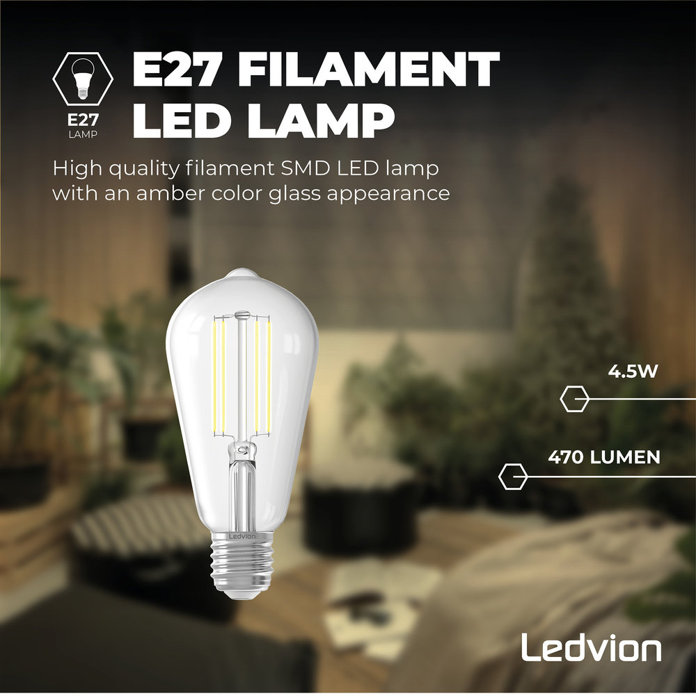 Ledvion Ledvion Dimbare E27 LED Lamp Filament - 4.5W - 2300K - 470 Lumen Ledvion Ledvion Dimbare E27 LED Lamp Filament - 4.5W - 2300K - 470 Lumen