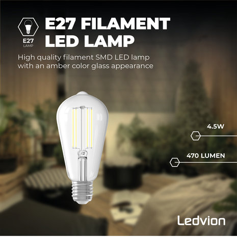 Ledvion Ledvion Dimbare E27 LED Lamp Filament - 4.5W - 2300K - 470 Lumen Ledvion Ledvion Dimbare E27 LED Lamp Filament - 4.5W - 2300K - 470 Lumen