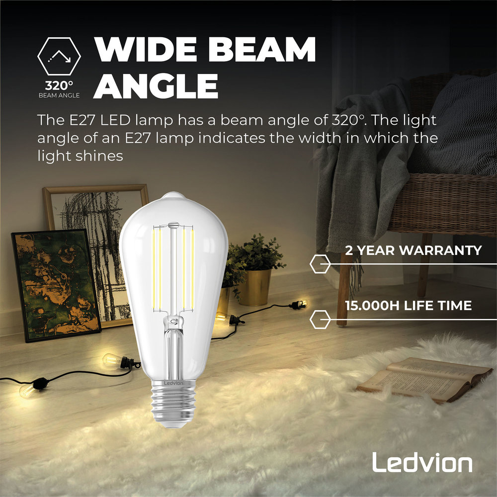 Ledvion Ledvion Dimbare E27 LED Lamp Filament - 4.5W - 2300K - 470 Lumen Ledvion Ledvion Dimbare E27 LED Lamp Filament - 4.5W - 2300K - 470 Lumen
