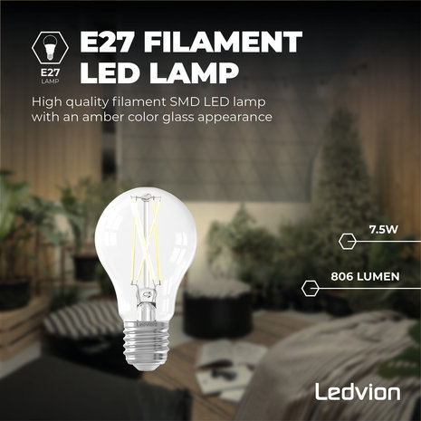 Ledvion Ledvion Dimbare E27 LED Lamp Filament - 7.5W - 2700K - 806 Lumen