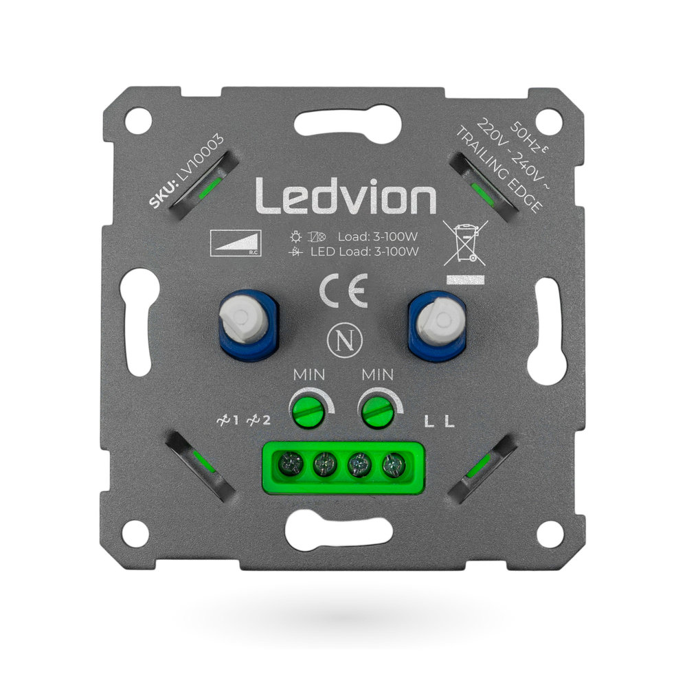 Ledvion LED DUO Dimmer 3-100 Watt 220-240V - Fase Afsnijding - Universeel Ledvion LED DUO Dimmer 3-100 Watt 220-240V - Fase Afsnijding - Universeel