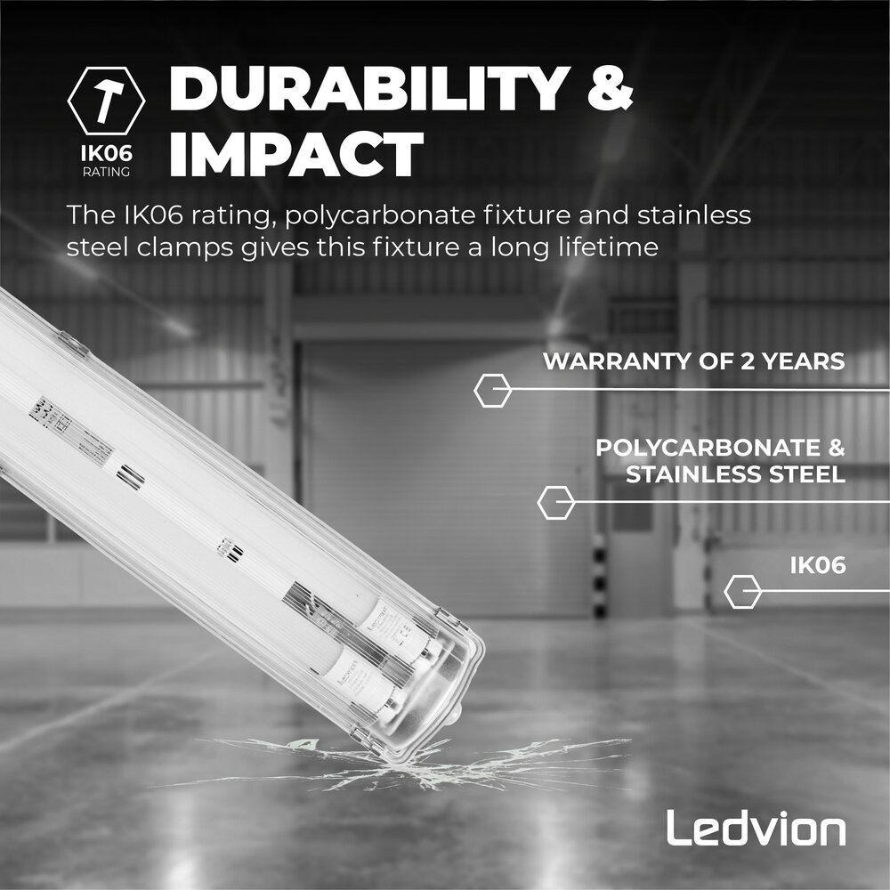 Ledvion LED TL Armatuur 120CM - 24W - 3840 Lumen - 160lm/W - 6500K - IP65 - Incl. LED TL Ledvion LED TL Armatuur 120CM - 24W - 3840 Lumen - 160lm/W - 6500K - IP65 - Incl. LED TL