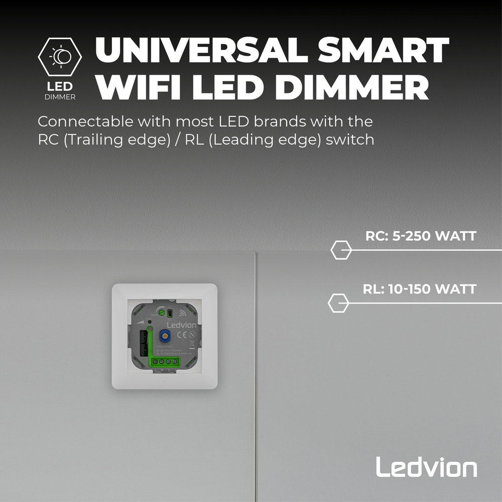Ledvion Smart WIFI LED Dimmer 5-250W LED 220-240V - Fase Afsnijding - Universeel Ledvion Smart WIFI LED Dimmer 5-250W LED 220-240V - Fase Afsnijding - Universeel