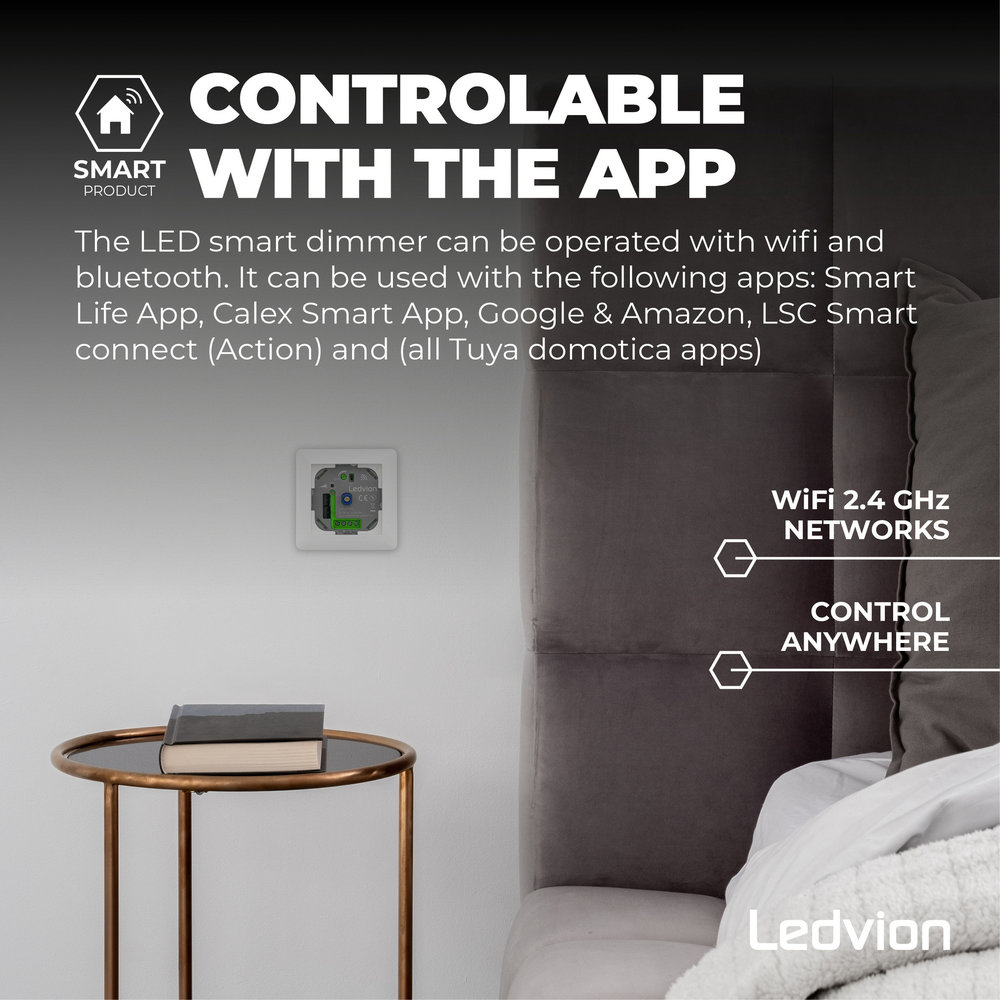 Ledvion Smart WIFI LED Dimmer 5-250W LED 220-240V - Fase Afsnijding - Universeel - Compleet Ledvion Smart WIFI LED Dimmer 5-250W LED 220-240V - Fase Afsnijding - Universeel - Compleet