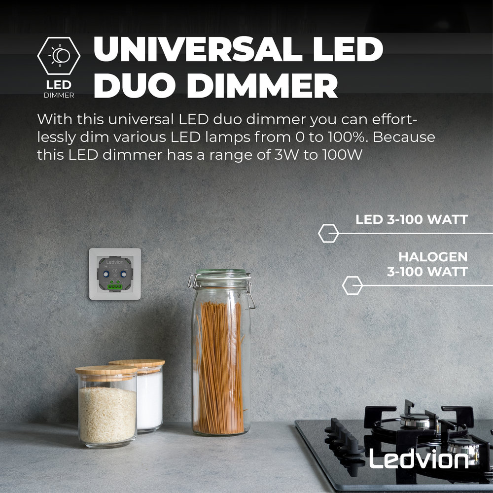 Ledvion LED DUO Dimmer 3-100 Watt 220-240V - Fase Afsnijding - Universeel Ledvion LED DUO Dimmer 3-100 Watt 220-240V - Fase Afsnijding - Universeel