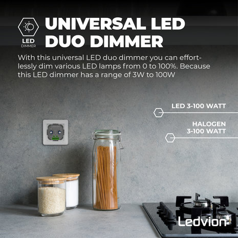 Ledvion LED DUO Dimmer 3-100 Watt 220-240V - Fase Afsnijding - Universeel Ledvion LED DUO Dimmer 3-100 Watt 220-240V - Fase Afsnijding - Universeel