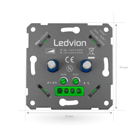 Ledvion LED DUO Dimmer 3-100 Watt 220-240V - Fase Afsnijding - Universeel Ledvion LED DUO Dimmer 3-100 Watt 220-240V - Fase Afsnijding - Universeel