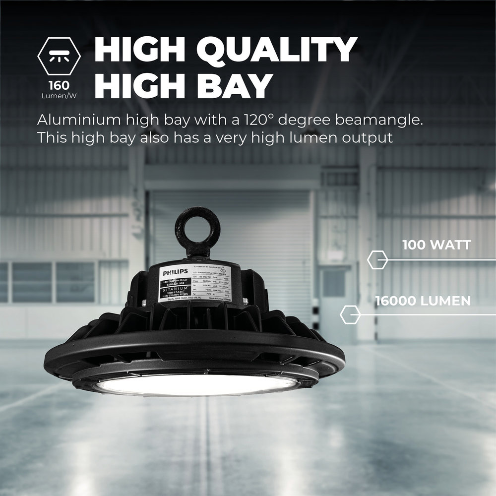 Ledvion LED High Bay 100W - Philips Driver - 120° - 160lm/W - 4000K - IP65 - Dimbaar - 5 Jaar Garantie Ledvion LED High Bay 100W - Philips Driver - 120° - 160lm/W - 4000K - IP65 - Dimbaar - 5 Jaar Garantie