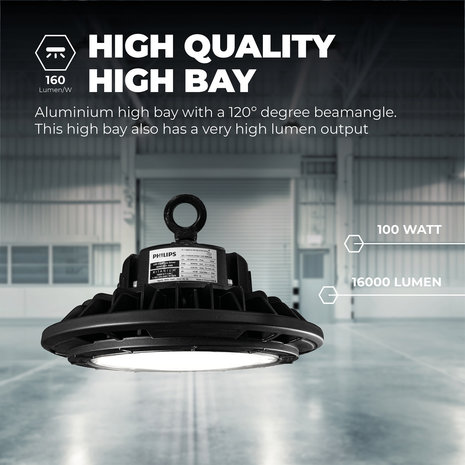 Ledvion LED High Bay 100W - Philips Driver - 120° - 160lm/W - 4000K - IP65 - Dimbaar - 5 Jaar Garantie Ledvion LED High Bay 100W - Philips Driver - 120° - 160lm/W - 4000K - IP65 - Dimbaar - 5 Jaar Garantie