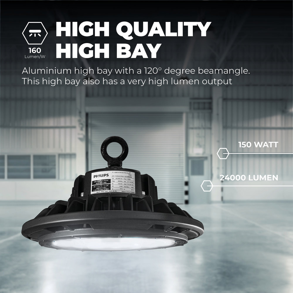 Ledvion LED High Bay 150W - Philips Driver - 120° - 160lm/W - 4000K - IP65 - Dimbaar - 5 Jaar Garantie Ledvion LED High Bay 150W - Philips Driver - 120° - 160lm/W - 4000K - IP65 - Dimbaar - 5 Jaar Garantie