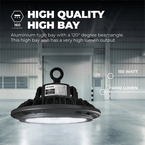 Ledvion LED High Bay 150W - Philips Driver - 120° - 160lm/W - 4000K - IP65 - Dimbaar - 5 Jaar Garantie Ledvion LED High Bay 150W - Philips Driver - 120° - 160lm/W - 4000K - IP65 - Dimbaar - 5 Jaar Garantie