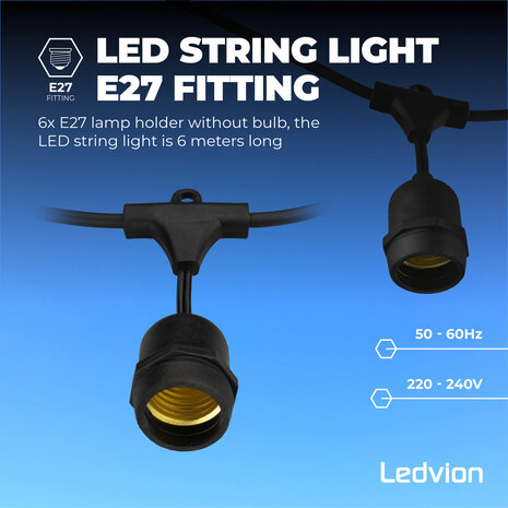 Ledvion 6m LED Prikkabel - IP65 Lichtsnoer Buiten - Light String - 6 E27 Fittingen