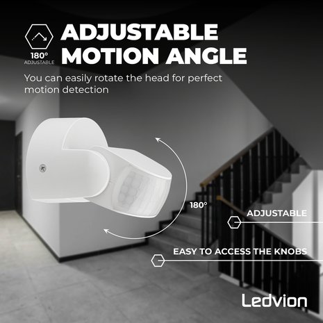 Ledvion Witte Opbouw Bewegingssensor 180° Met Schemerschakelaar 12M Bereik Max. 600W IP65 Ledvion Witte Opbouw Bewegingssensor 180° Met Schemerschakelaar 12M Bereik Max. 600W IP65