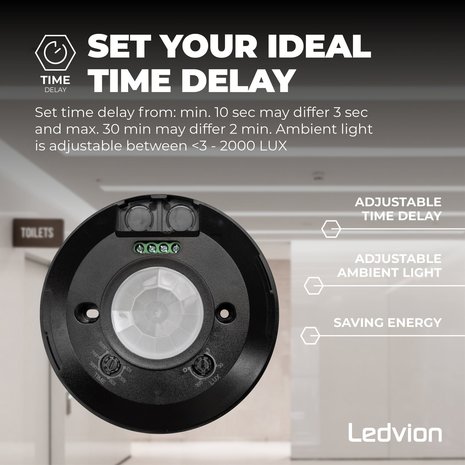 Ledvion Zwarte Opbouw Bewegingssensor 360° Met Schemerschakelaar 8M Bereik Ledvion Zwarte Opbouw Bewegingssensor 360° Met Schemerschakelaar 8M Bereik