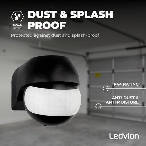 Ledvion Zwarte Opbouw Bewegingssensor 180° Met Schemerschakelaar 12M Bereik Max. 400W Ledvion Zwarte Opbouw Bewegingssensor 180° Met Schemerschakelaar 12M Bereik Max. 400W