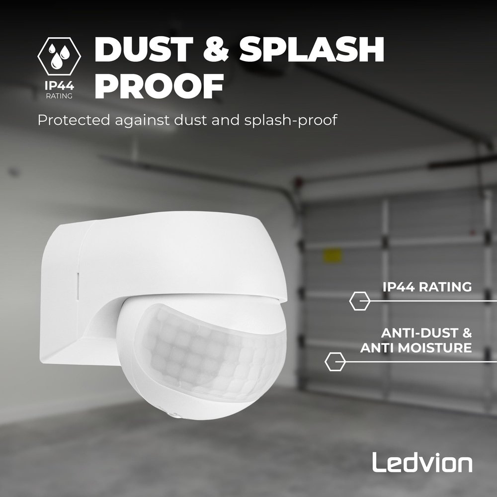 Ledvion Witte Opbouw Bewegingssensor 180° Met Schemerschakelaar 12M Bereik Ledvion Witte Opbouw Bewegingssensor 180° Met Schemerschakelaar 12M Bereik