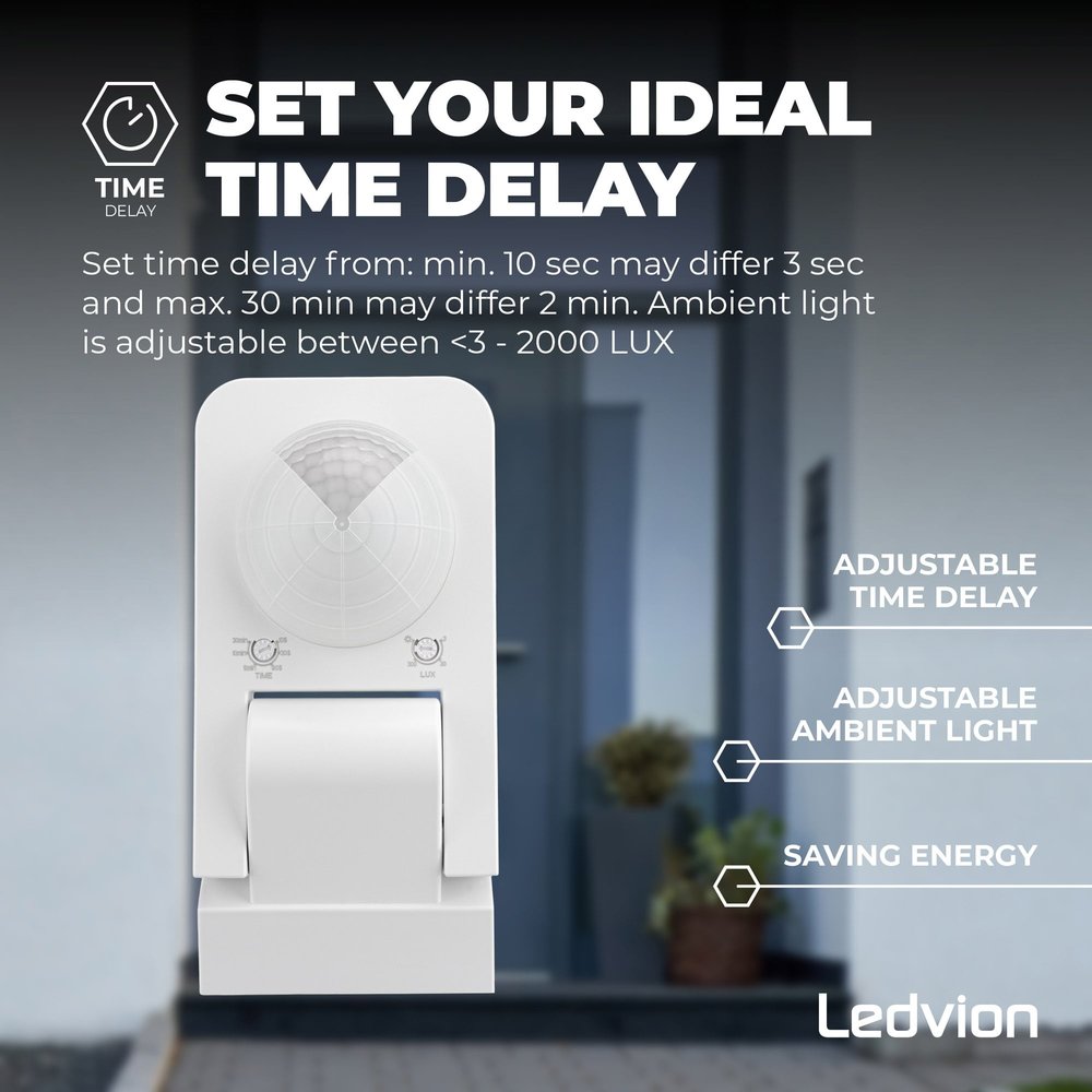 Ledvion Witte Opbouw Bewegingssensor 360° Met Schemerschakelaar 20M Bereik - IP65 Ledvion Witte Opbouw Bewegingssensor 360° Met Schemerschakelaar 20M Bereik - IP65