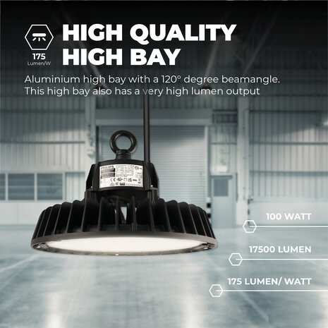 Ledvion LED High Bay 100W - Philips Driver - 120° - 175lm/W - 6500K - IP65 - Dimbaar - 5 Jaar Garantie Ledvion LED High Bay 100W - Philips Driver - 120° - 175lm/W - 6500K - IP65 - Dimbaar - 5 Jaar Garantie