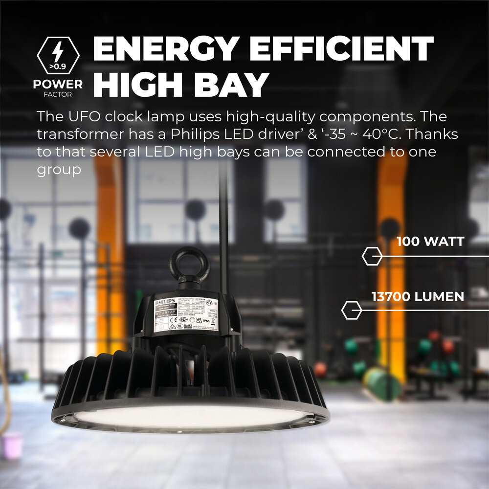 Ledvion LED High Bay 100W - Philips Driver - 120° - 175lm/W - 6500K - IP65 - Dimbaar - 5 Jaar Garantie Ledvion LED High Bay 100W - Philips Driver - 120° - 175lm/W - 6500K - IP65 - Dimbaar - 5 Jaar Garantie