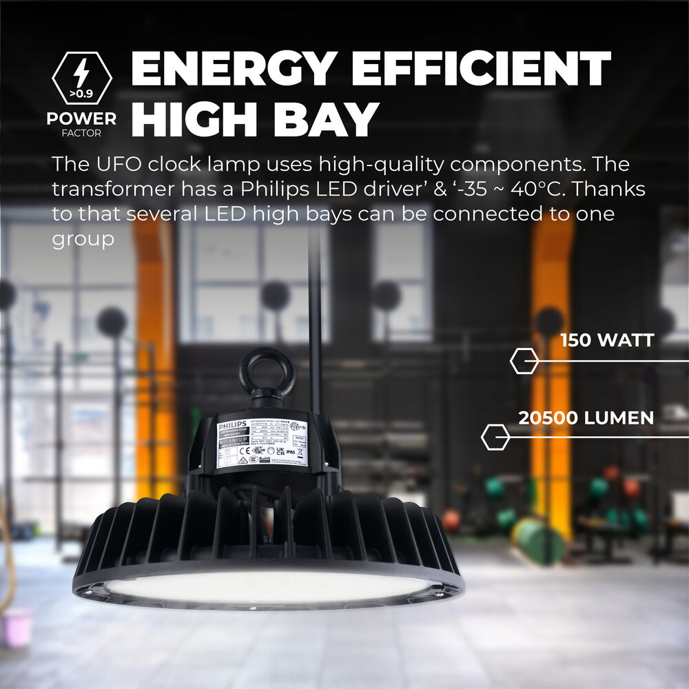 Ledvion LED High Bay 150W - Philips Driver - 120° - 175lm/W - 6500K - IP65 - Dimbaar - 5 Jaar Garantie Ledvion LED High Bay 150W - Philips Driver - 120° - 175lm/W - 6500K - IP65 - Dimbaar - 5 Jaar Garantie