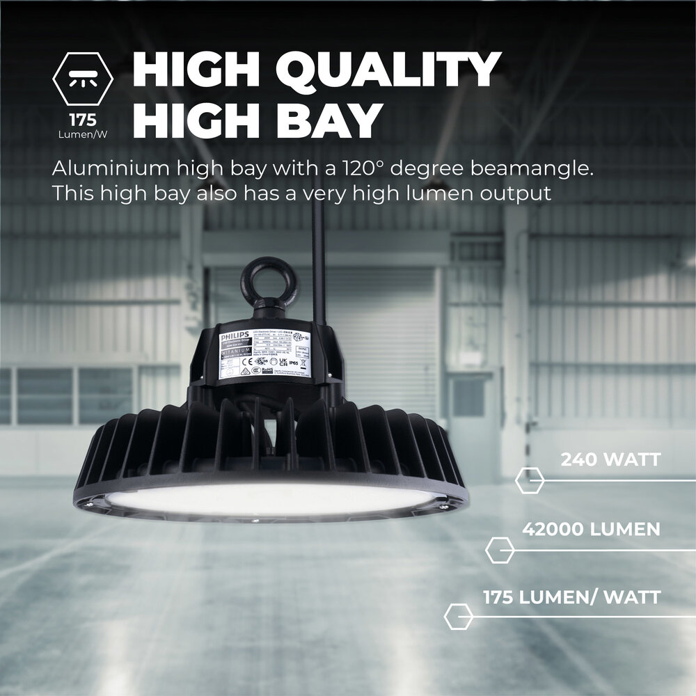 Ledvion LED High Bay 240W - Philips Driver - 120° - 175lm/W - 6500K - IP65 - Dimbaar - 5 Jaar Garantie Ledvion LED High Bay 240W - Philips Driver - 120° - 175lm/W - 6500K - IP65 - Dimbaar - 5 Jaar Garantie