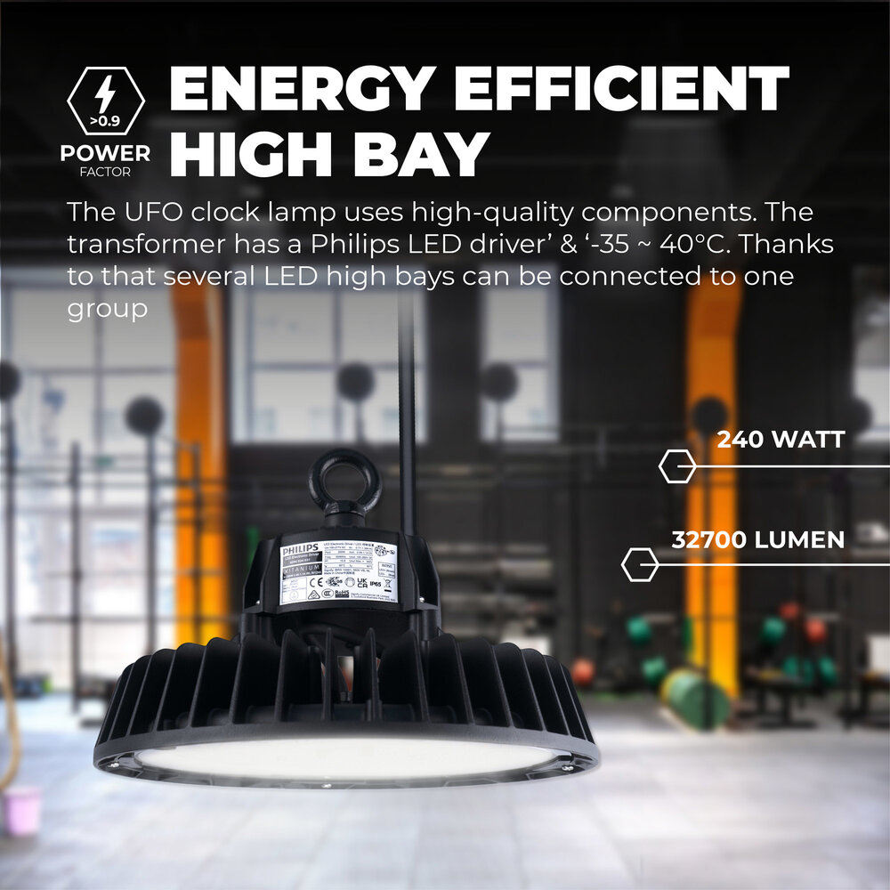 Ledvion LED High Bay 240W - Philips Driver - 120° - 175lm/W - 6500K - IP65 - Dimbaar - 5 Jaar Garantie Ledvion LED High Bay 240W - Philips Driver - 120° - 175lm/W - 6500K - IP65 - Dimbaar - 5 Jaar Garantie