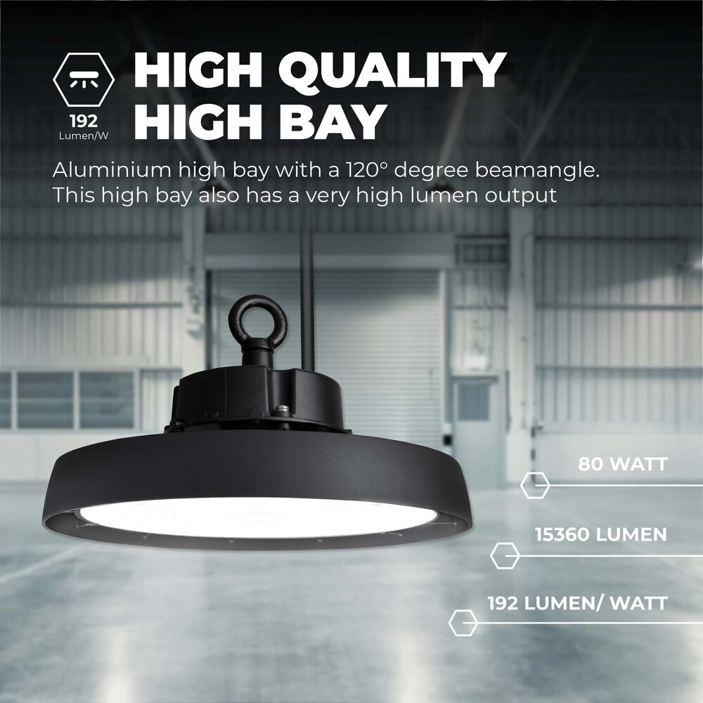 Ledvion LED High Bay 80W – Energieklasse A - 120° - 192lm/W - 6000K - IP65 - Dimbaar - 5 Jaar Garantie Ledvion LED High Bay 80W – Energieklasse A - 120° - 192lm/W - 6000K - IP65 - Dimbaar - 5 Jaar Garantie