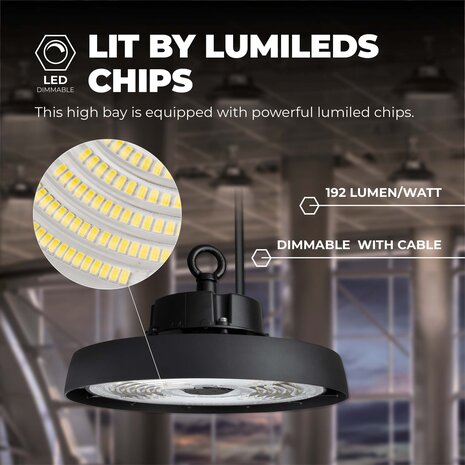 Ledvion LED High Bay 100W – Energieklasse A - 120° - 192lm/W - 6000K - IP65 - Dimbaar - 5 Jaar Garantie