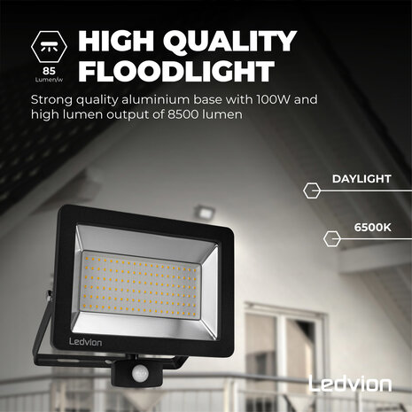 Ledvion LED Breedstraler met Sensor 100W – 6500K - Quick Connector - 5 Jaar garantie