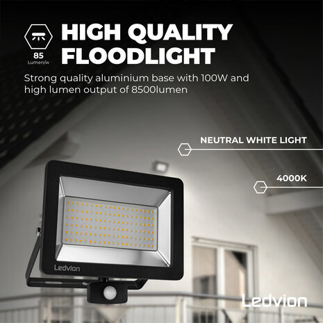 Ledvion LED Breedstraler met Sensor 100W – 4000K - Quick Connector - 5 Jaar garantie Ledvion LED Breedstraler met Sensor 100W – 4000K - Quick Connector - 5 Jaar garantie