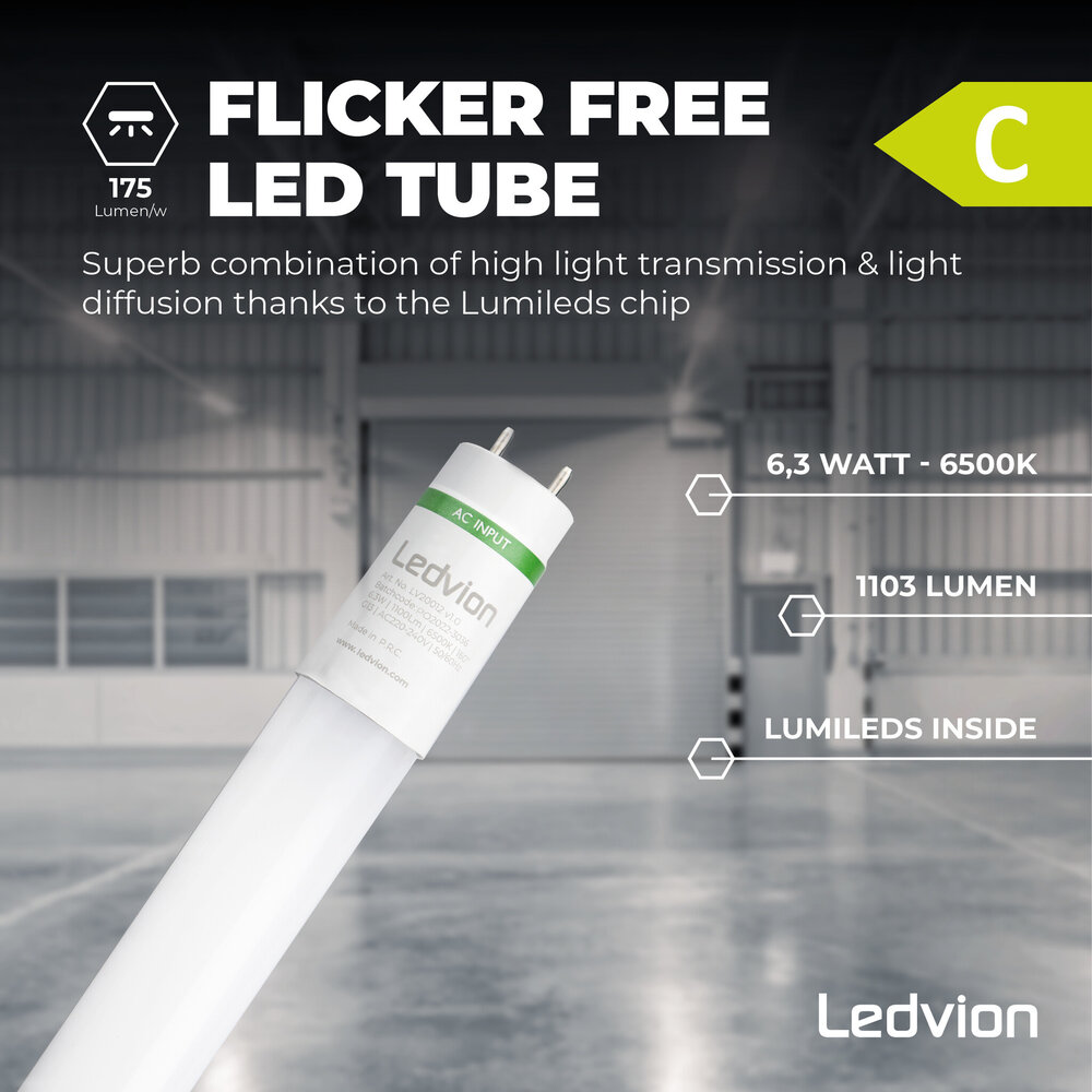 Ledvion LED TL Buis 60CM - 6.3W - 6500K - 175lm/W - High Efficiency - Energie Label C