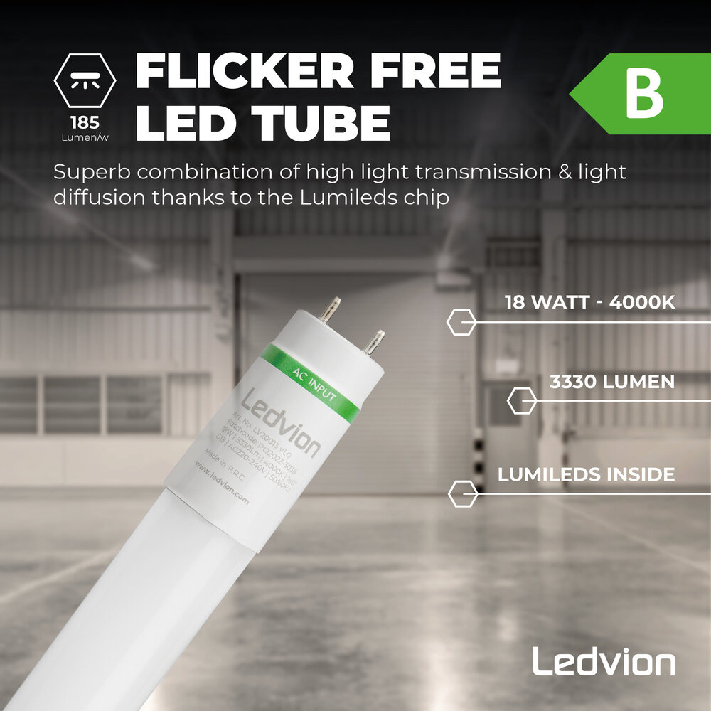 Ledvion LED TL Buis 120CM - 18W - 4000K - 185lm/W - Energie Label B - High Efficiency Ledvion LED TL Buis 120CM - 18W - 4000K - 185lm/W - Energie Label B - High Efficiency