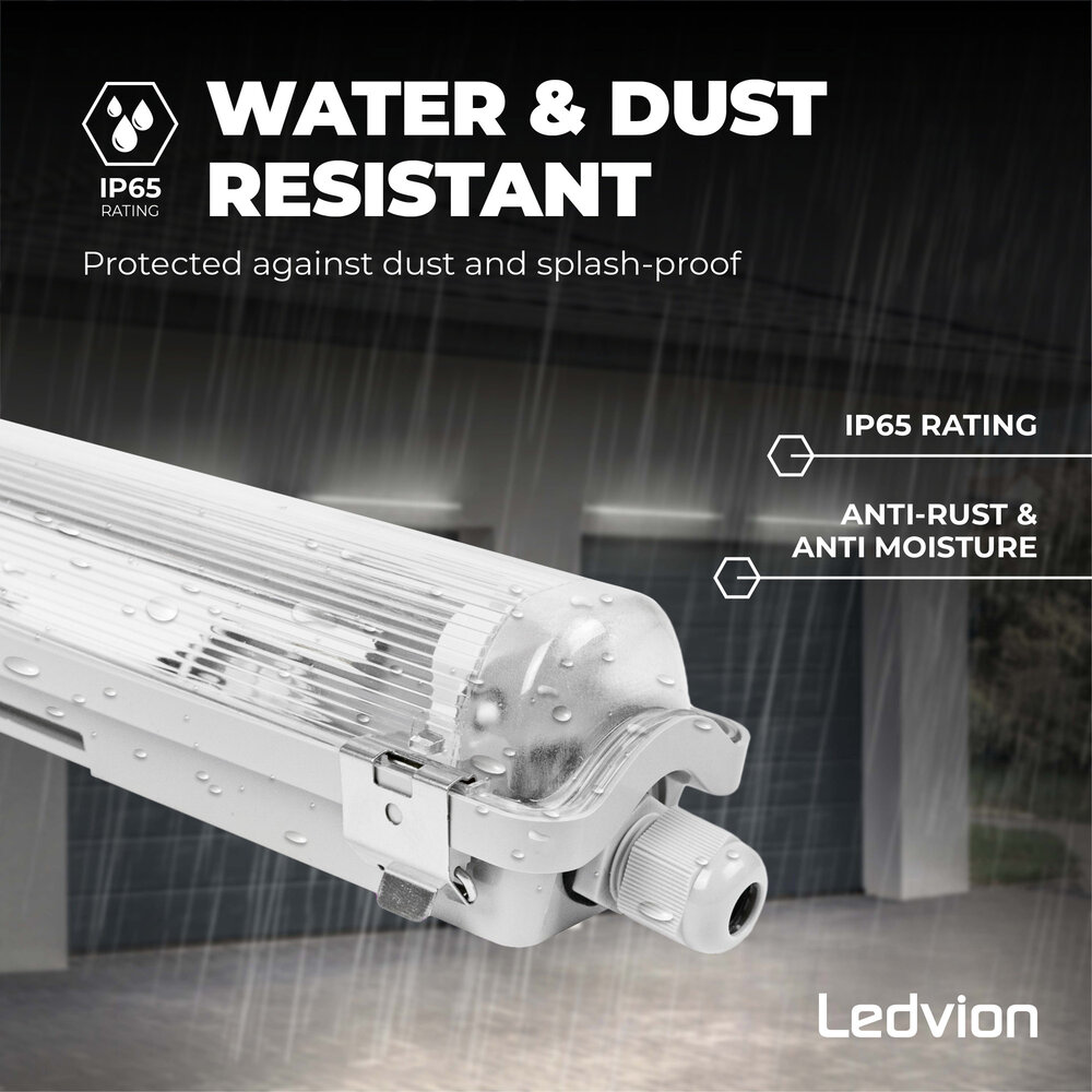 Ledvion LED TL Armatuur 120CM - 18W - 3330 Lumen - 6500K - High Efficiency - Energie Label B - IP65 - Incl. LED TL Ledvion LED TL Armatuur 120CM - 18W - 3330 Lumen - 6500K - High Efficiency - Energie Label B - IP65 - Incl. LED TL