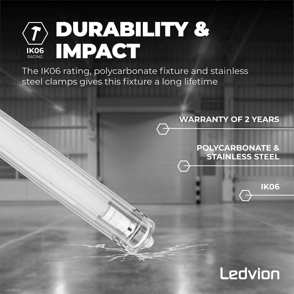 Ledvion LED TL Armatuur 120CM - 18W - 3330 Lumen - 6500K - High Efficiency - Energie Label B - IP65 - Incl. LED TL Ledvion LED TL Armatuur 120CM - 18W - 3330 Lumen - 6500K - High Efficiency - Energie Label B - IP65 - Incl. LED TL
