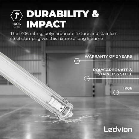 Ledvion LED TL Armatuur 120CM - 18W - 3330 Lumen - 6500K - High Efficiency - Energie Label B - IP65 - Incl. LED TL Ledvion LED TL Armatuur 120CM - 18W - 3330 Lumen - 6500K - High Efficiency - Energie Label B - IP65 - Incl. LED TL