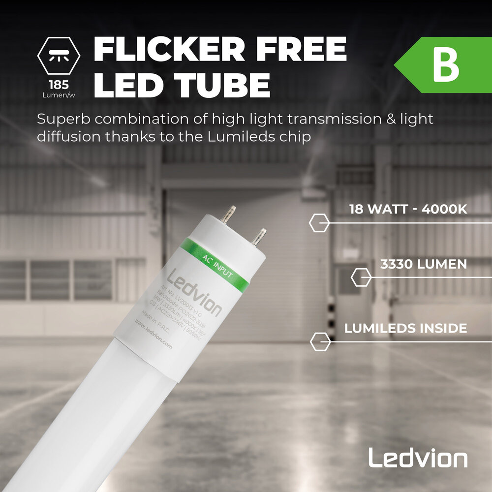 Ledvion LED TL Armatuur 120CM - 2x 18W - 6660 Lumen - 4000K - High Efficiency - Energie Label B - IP65 - Incl. LED TL