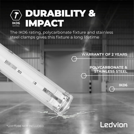 Ledvion LED TL Armatuur 150CM - 2x 28W - 10360 Lumen - 4000K - High Efficiency - Energie Label B - IP65 - Incl. LED TL Ledvion LED TL Armatuur 150CM - 2x 28W - 10360 Lumen - 4000K - High Efficiency - Energie Label B - IP65 - Incl. LED TL